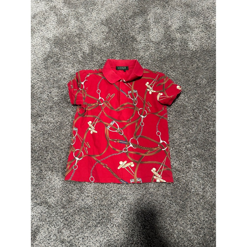 Lauren Ralph Lauren Petite Red Equestrian Stirrup Print Polo Shirt S/P Small